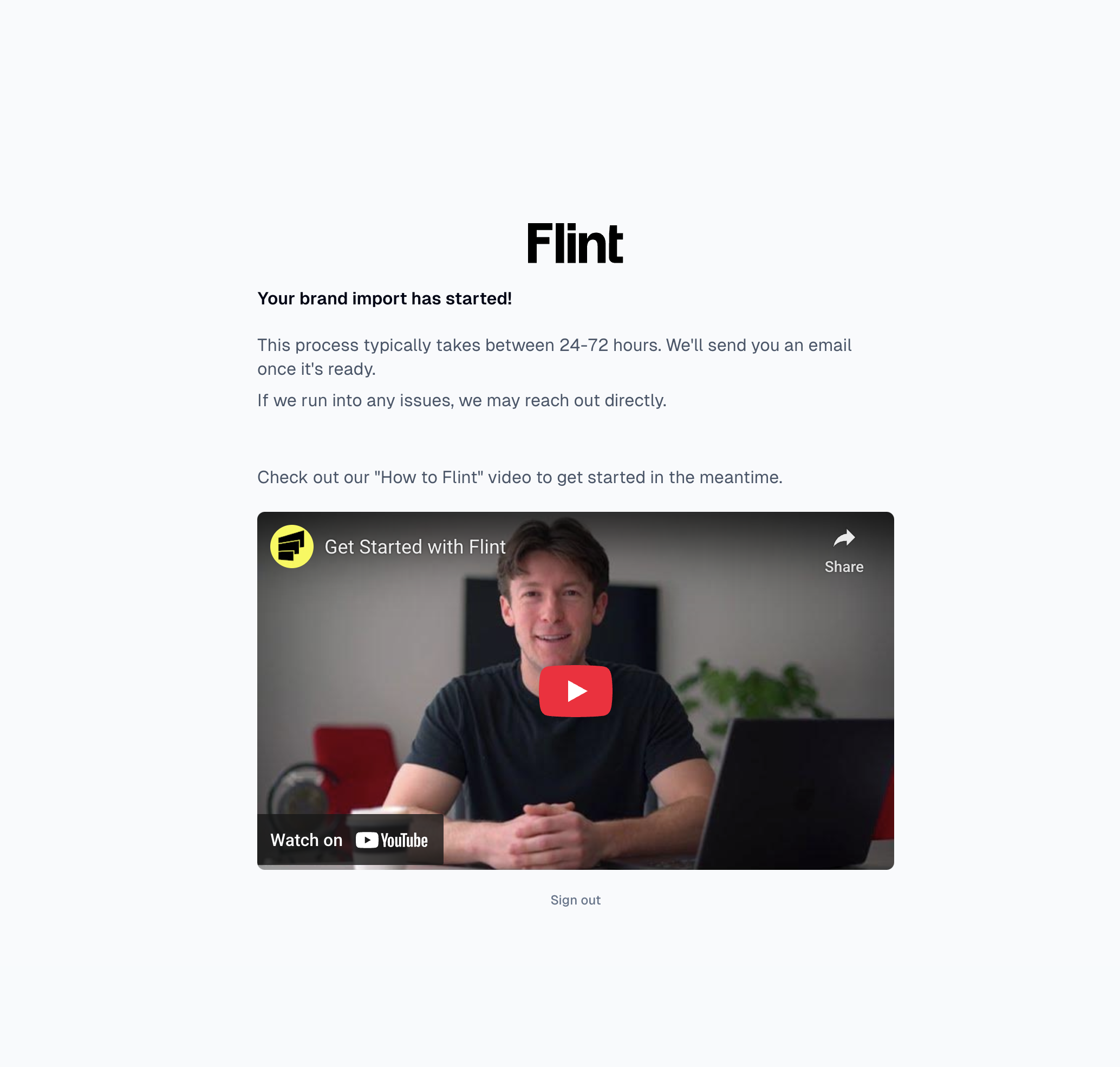 Image of a webpage labeled 'Flint' with a short informational paragraph and a YouTube video thumbnail showing a man sitting at a desk.