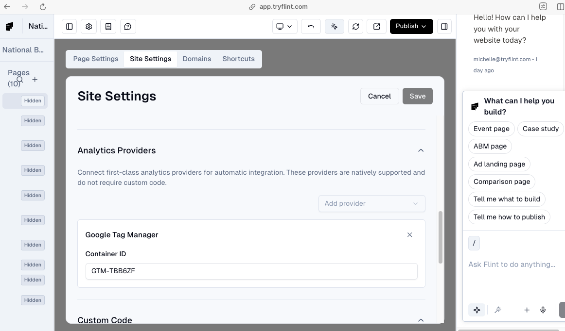 Site Settings page showing Google Tag Manager container ID field