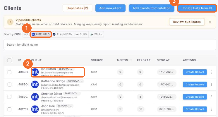 Clients page filtered to Intelliflo clients, with the Intelliflo icon, Sync At column and Update Data from IO