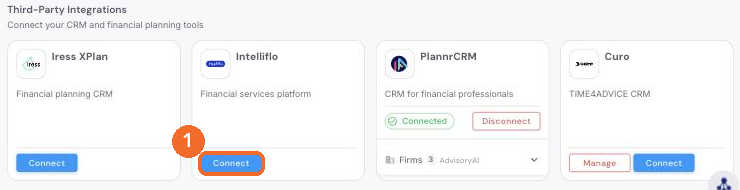 Integrations page with the Intelliflo Connect button