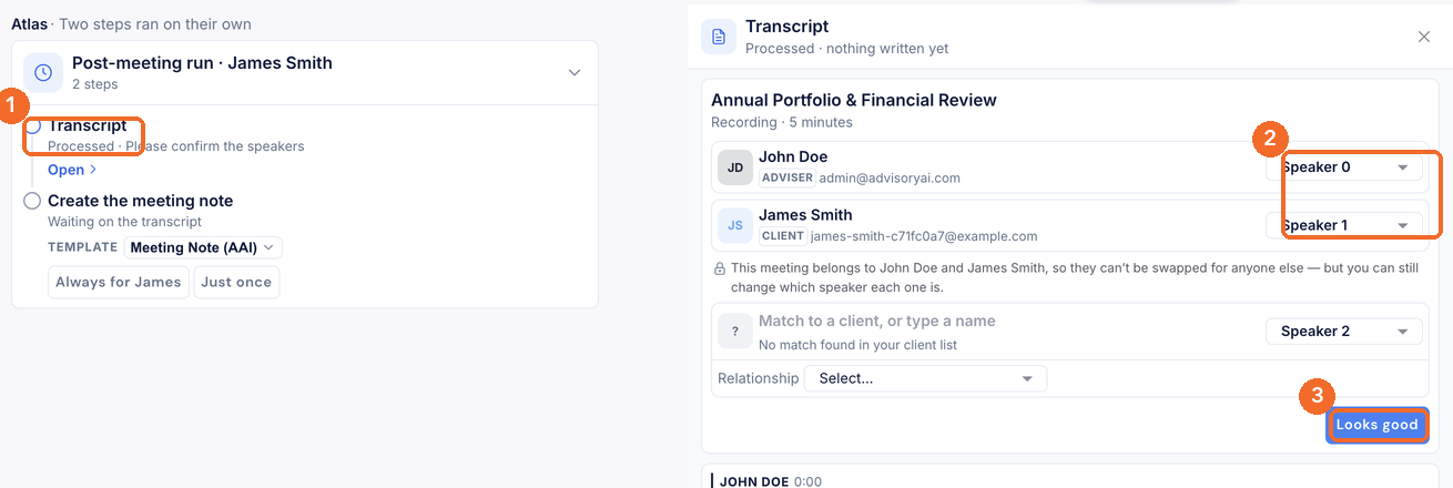 Post-meeting run card with the transcript pane and speaker dropdowns