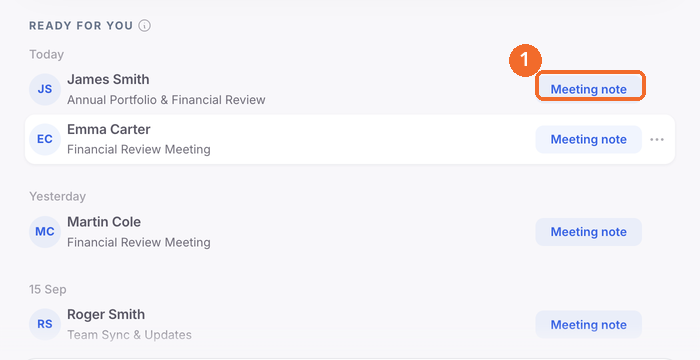 Ready for you section showing a Meeting note item