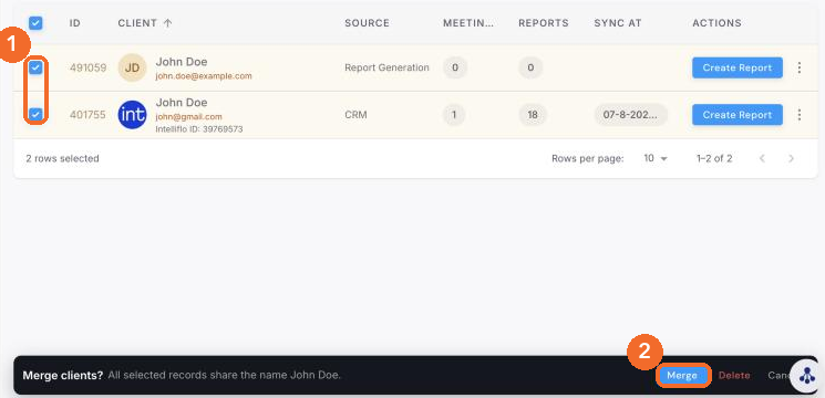 Duplicates view with two records ticked and the Merge clients bar