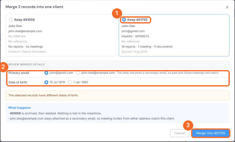 Merge dialog showing the Keep option, Review merged details and the Merge into button