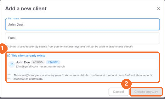 Add a new client popup showing the This client already exists warning
