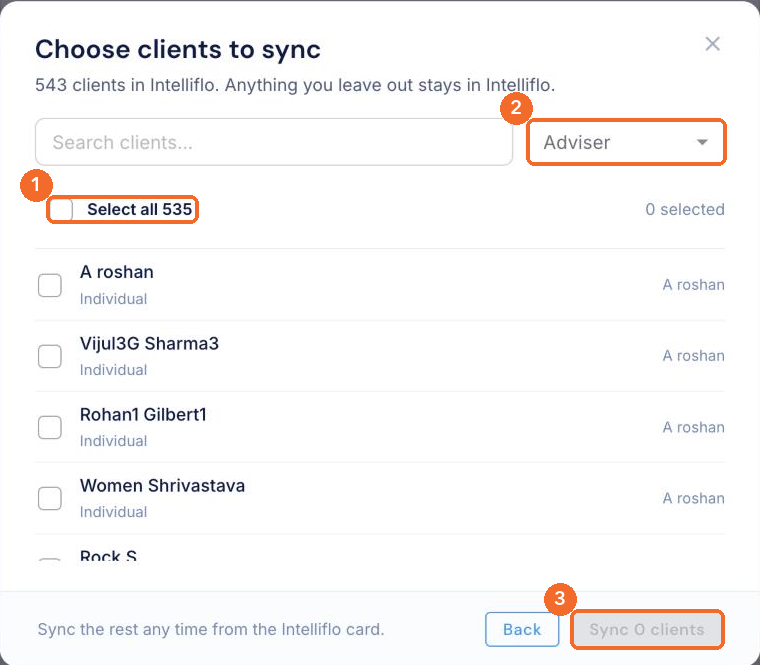 Choose clients to sync window with Select all, the Adviser filter and the Sync button