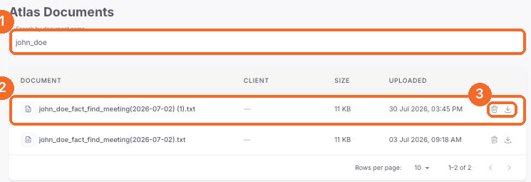 Atlas Documents page with the search box and an uploaded file