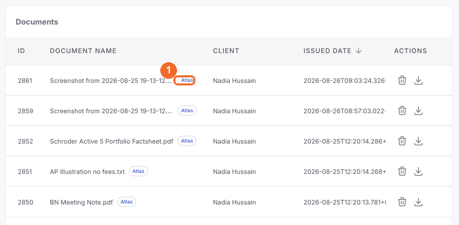 Client Documents tab showing files with the Atlas label