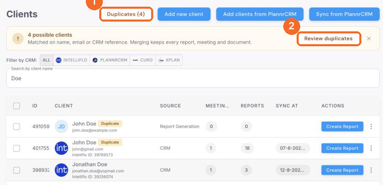 Clients page showing the Duplicates button and the possible duplicates notice