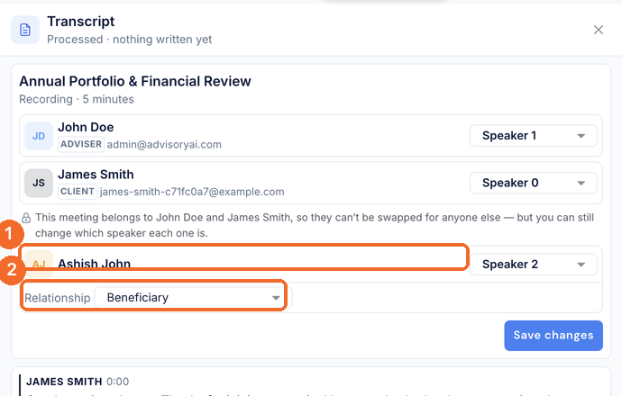 Third attendee row with the client match and Relationship dropdown