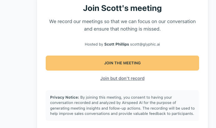 Airspeed consent page showing Join the meeting and Join but don't record options