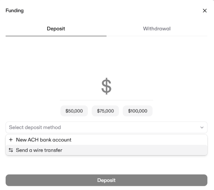 Platform Wire Instructions.png Funding window on the Deposit tab with the deposit method menu open and Send a wire transfer highlighted