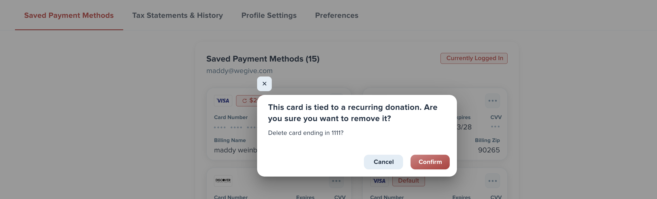 Modal dialog asking to confirm removal of a recurring donation card, overlaid on a web page showing saved payment methods