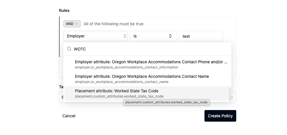 Rule builder showing fact, operator, and value selectors