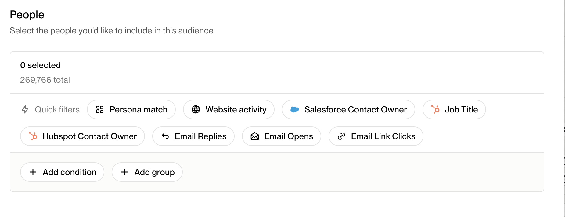 User interface for selecting people to include in an audience, showing various filter options