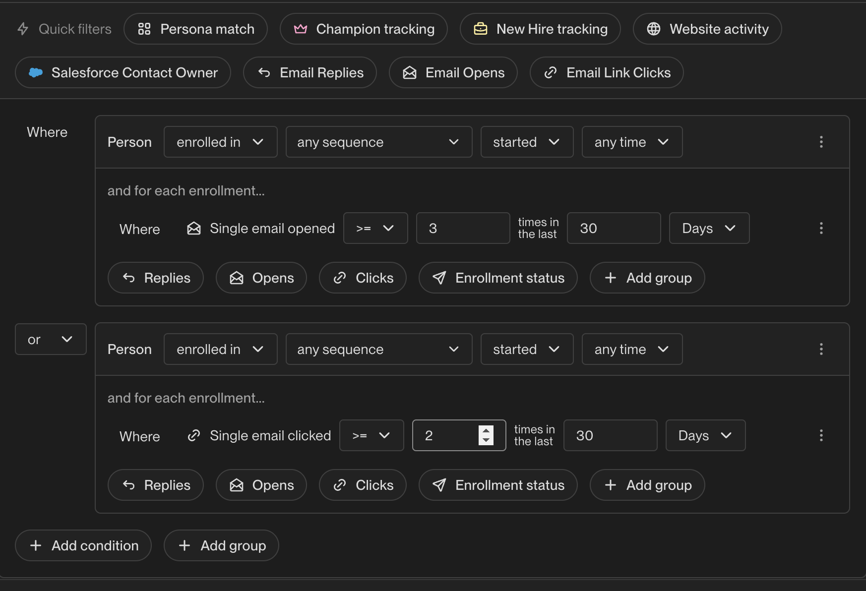 Image of an audience creation interface displaying filters for contacts based on email interactions, including conditions for email opens and clicks over a specified time frame