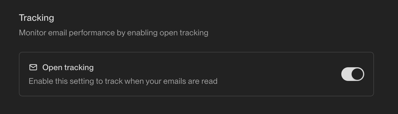 Email tracking settings section showing the Open tracking toggle