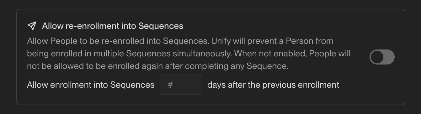 Settings for Allow re-enrollment into Sequences