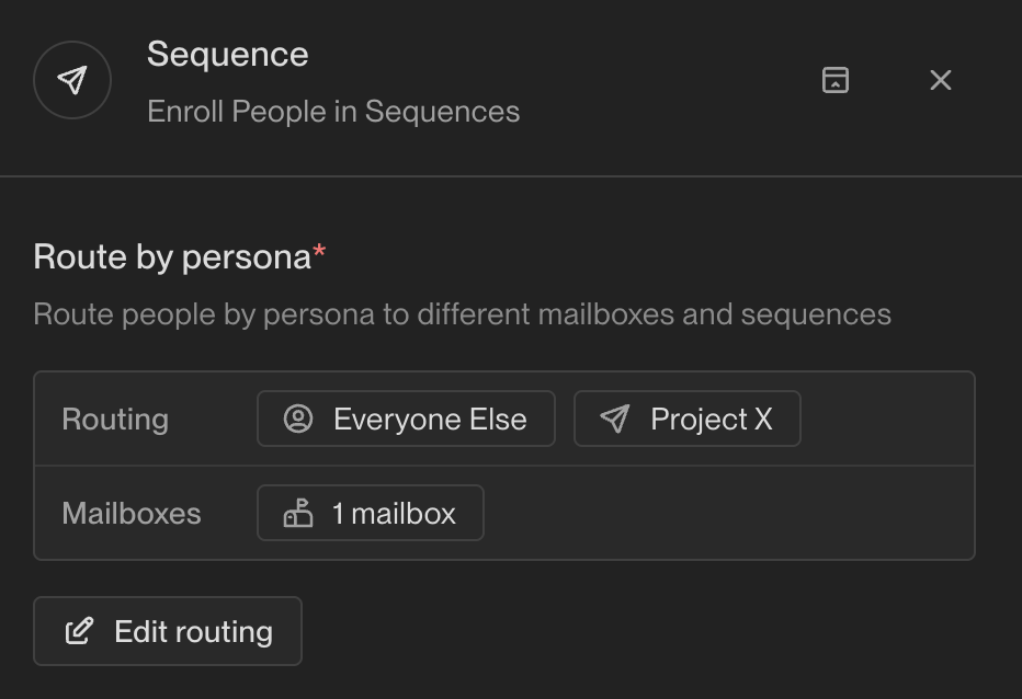 Image of sequence enrollment settings showing routing options and mailbox management