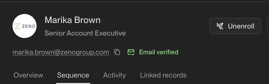 Contact profile showing the Unenroll button in the top right corner