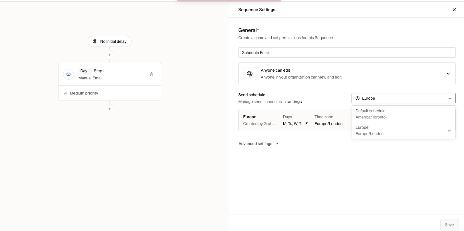 Screenshot showing the Send schedules tab with options to create custom schedules