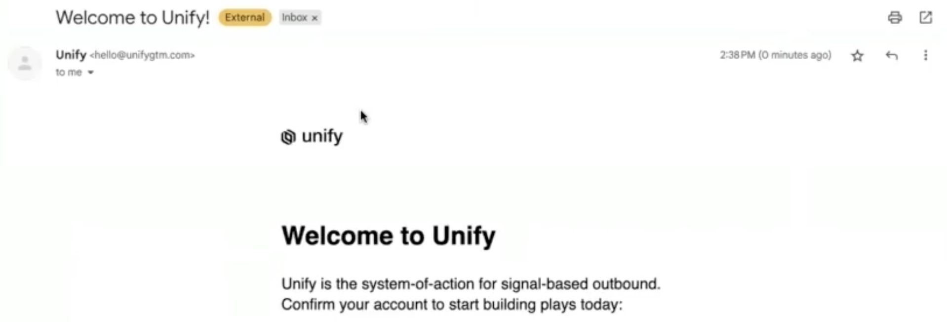 Email inbox screenshot showing a welcome message from Unify with the title 'Welcome to Unify' and onboarding text