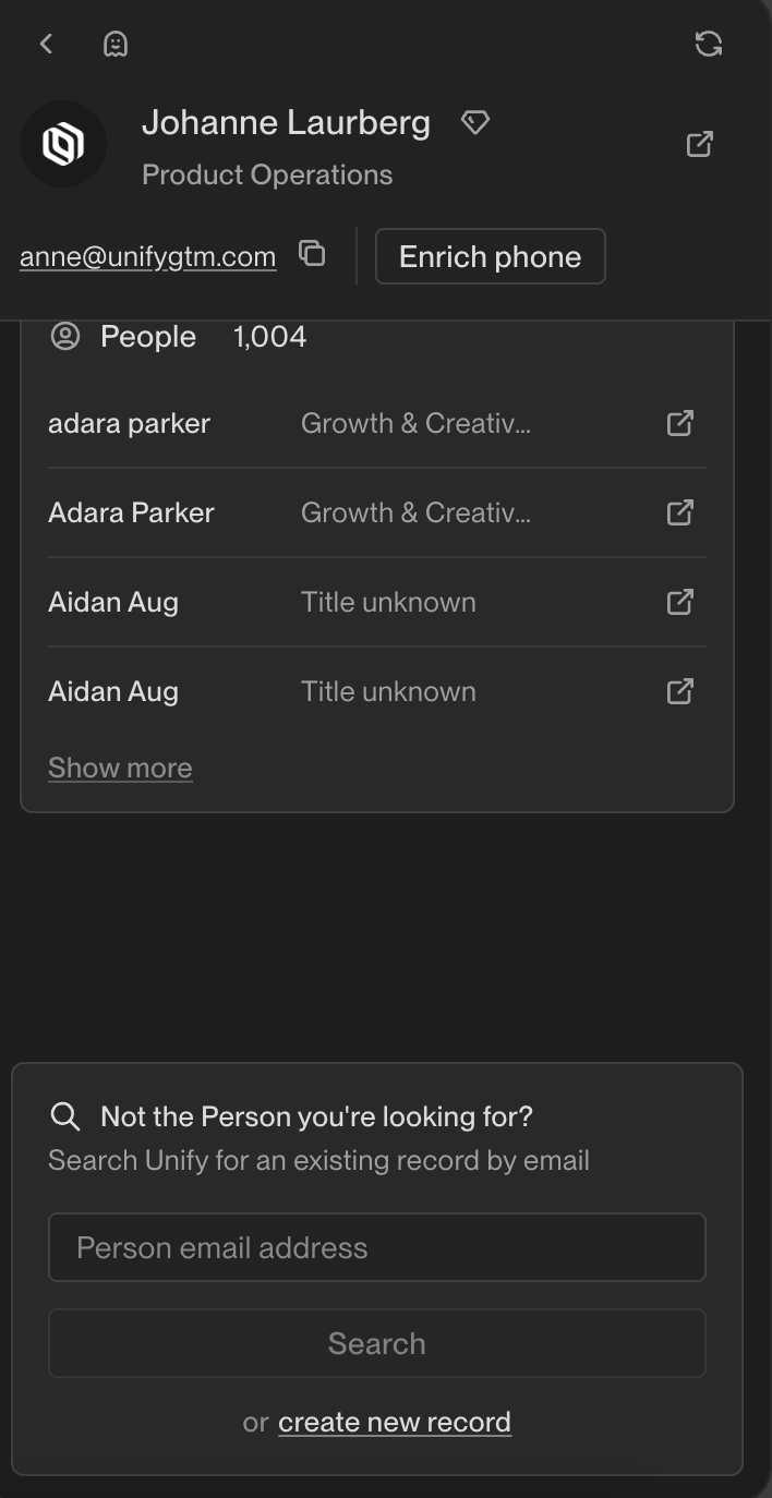 Dark UI screen showing a list of people and a prominent prompt at the bottom to search or create a new record