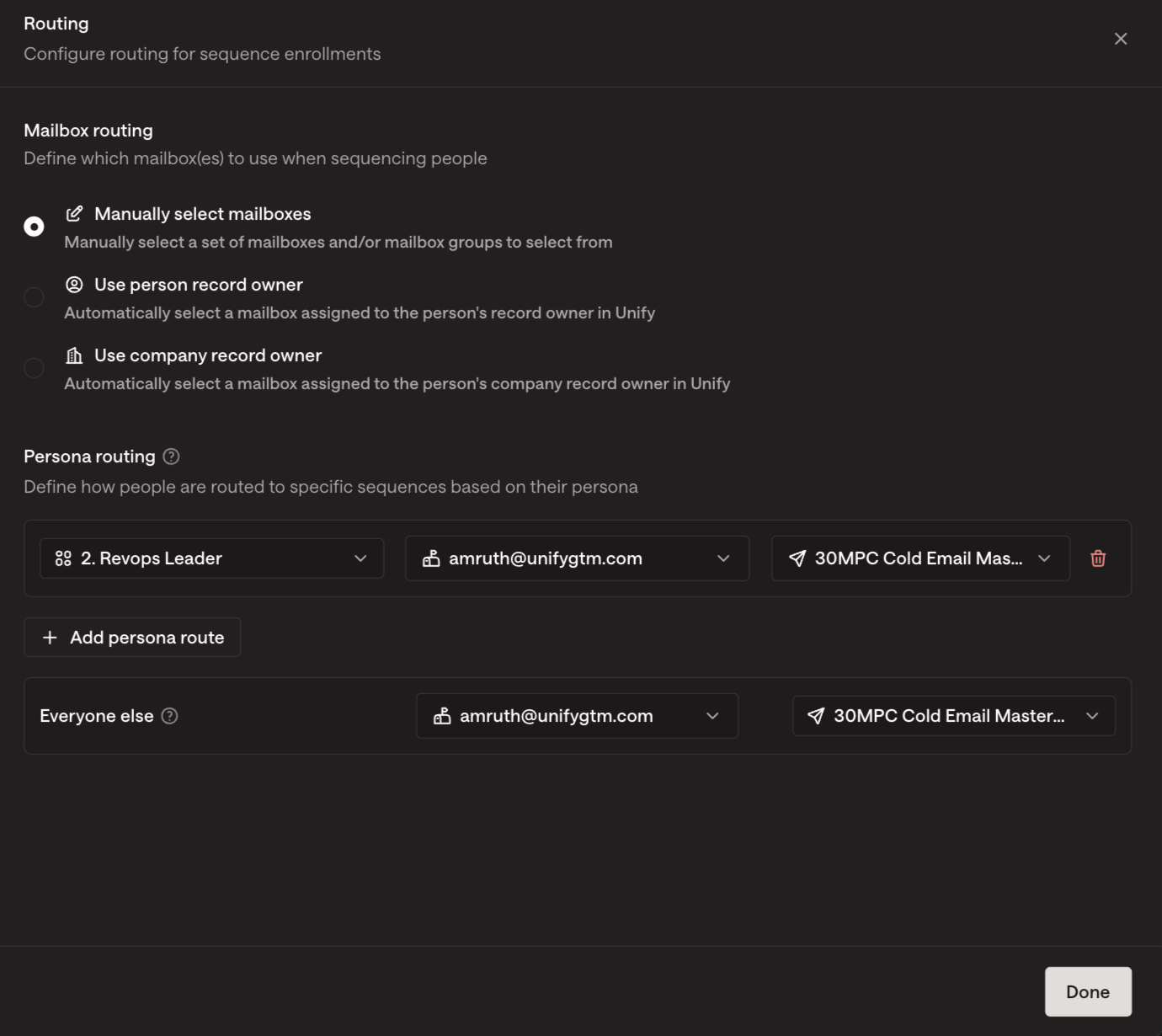 Mailbox and persona routing settings in a Play Mailbox and persona routing settings in a Play