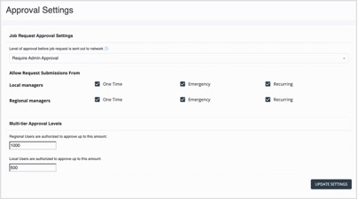 Approval Settings screen with job request approval and multi-tier approval levels