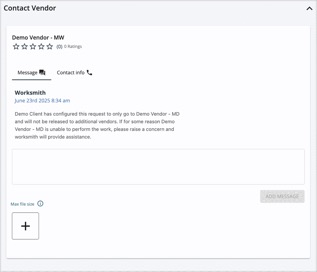 Contact Vendor panel showing message history and vendor contact info