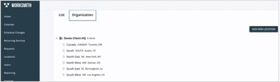 Locations tab, Organization view showing regional hierarchy