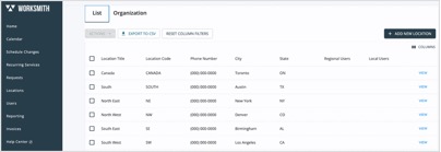Locations tab, List view with location details