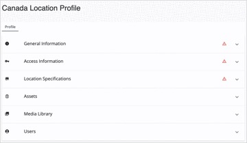 Example location profile with general information, access, specifications, assets, media library, and users