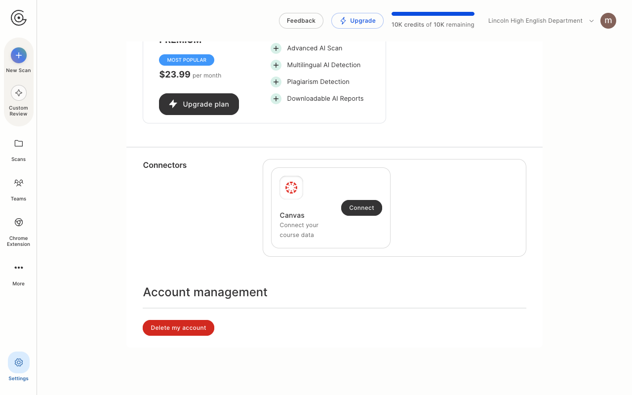 The Account management section at the bottom of the settings page, with the Delete my account button