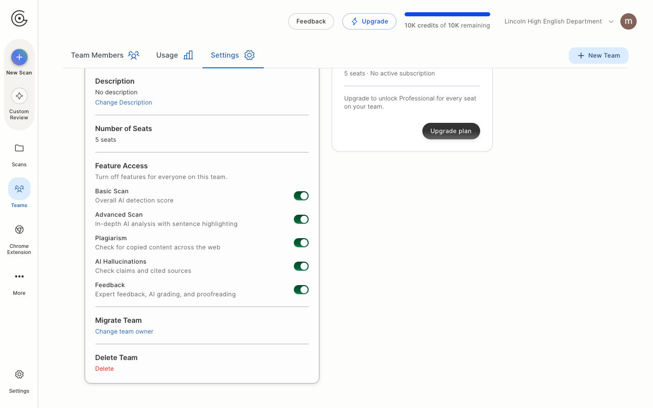 The Migrate Team and Delete Team sections at the bottom of the team Settings tab