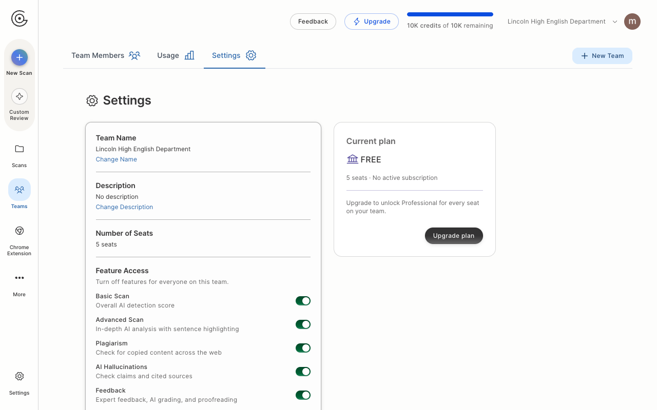 The team Settings tab. Feature Access sits under Number of Seats, with switches for Basic Scan, Advanced Scan, Plagiarism, AI Hallucinations, and Feedback.