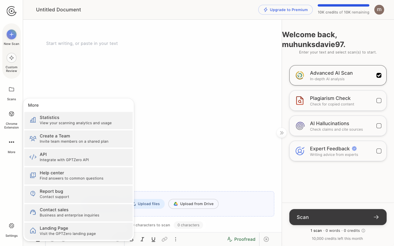 Create a Team The More menu in the GPTZero sidebar with Create a Team highlighted
