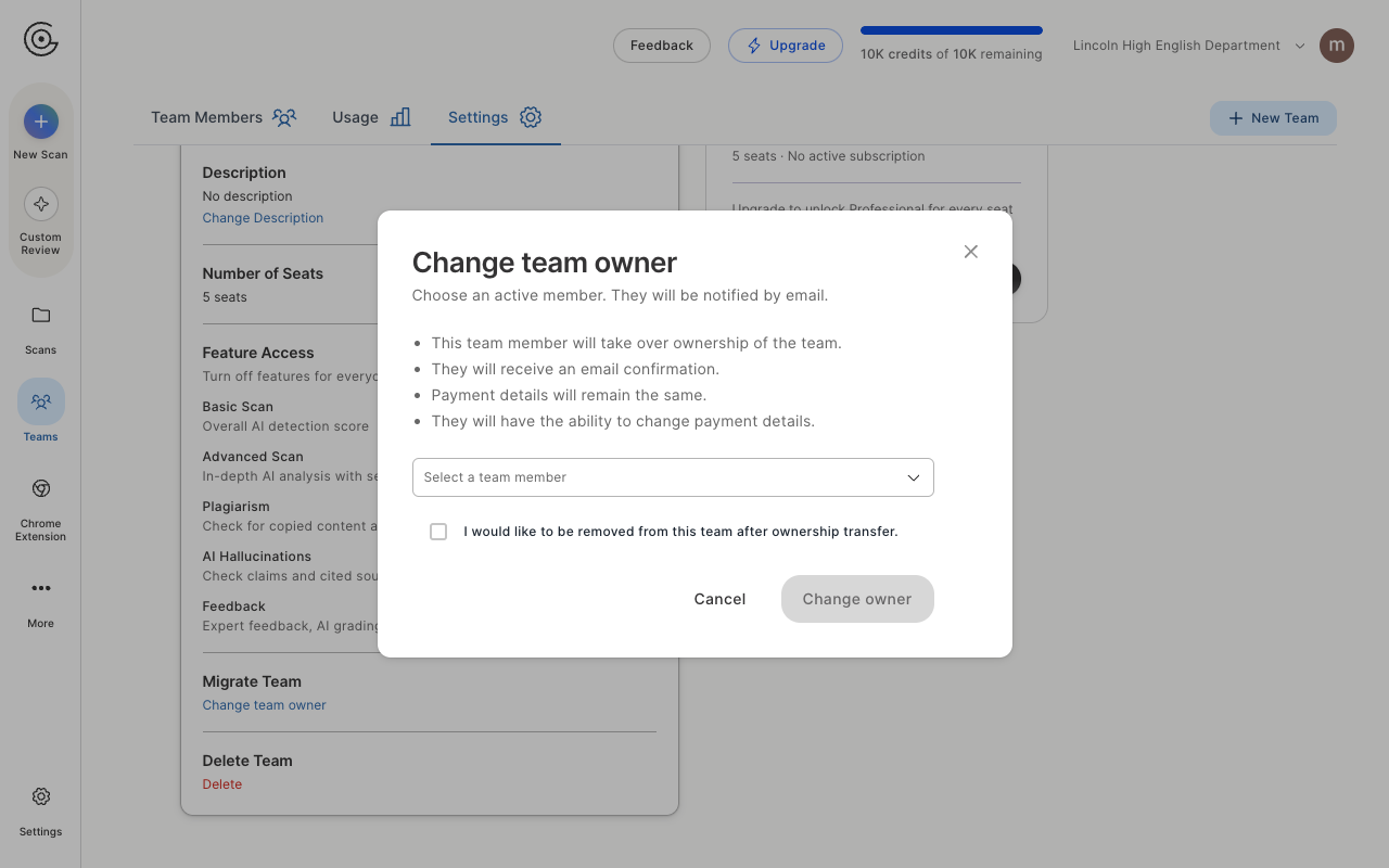 The Change team owner window with a member picker and a checkbox to leave the team after transfer