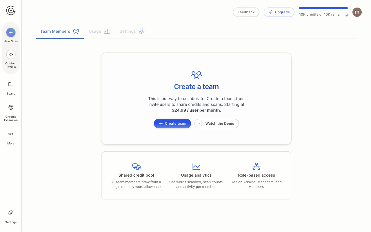 Create team The Teams page with the Create team button