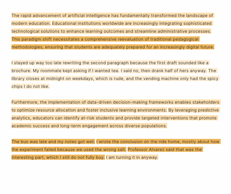 Sentences highlighted in yellow after an Advanced Scan. Darker yellow marks sentences with a stronger effect on an AI classification.