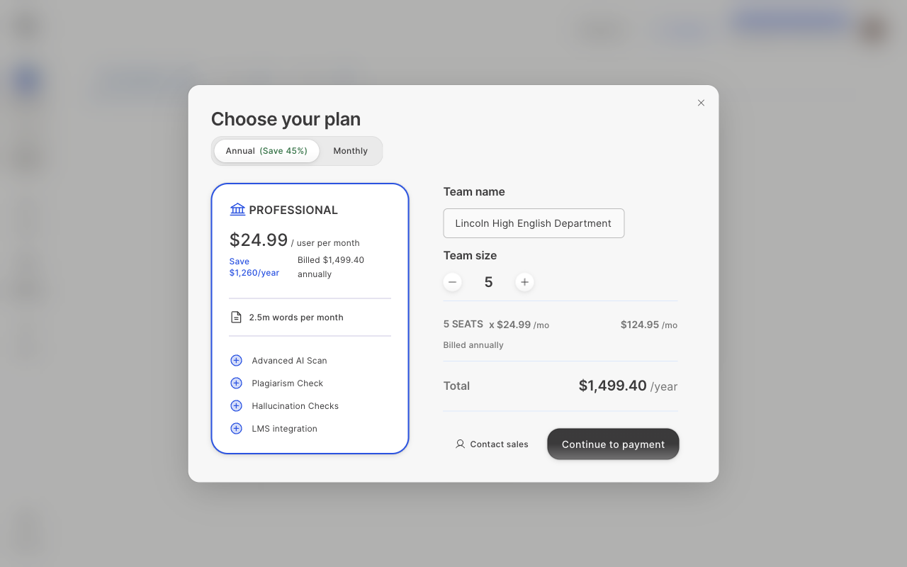 Choose your plan The Choose your plan window with billing period, team name, team size, and Continue to payment