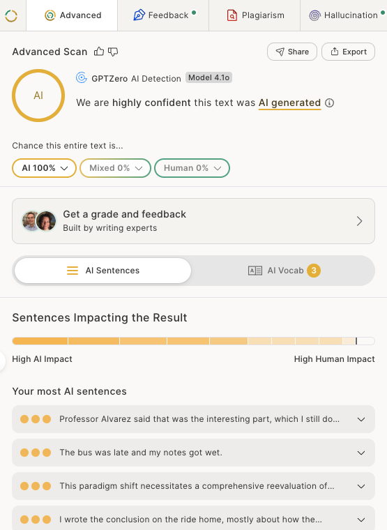 An Advanced Scan result with a highly confident AI classification, scores for AI, Mixed, and Human, and sentences arranged from High AI Impact to High Human Impact.