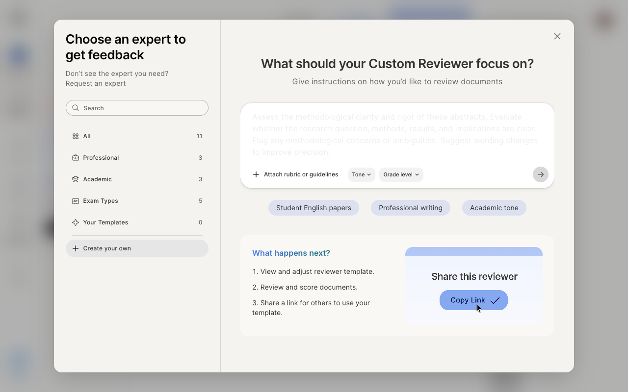 Custom Review The Custom Review window, with Create your own selected