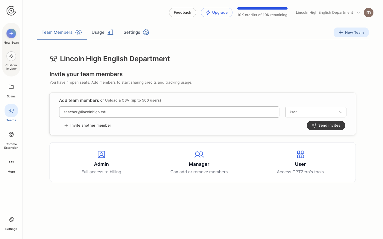 Invite your team members The Invite your team members form with an email address, role, and Send invites