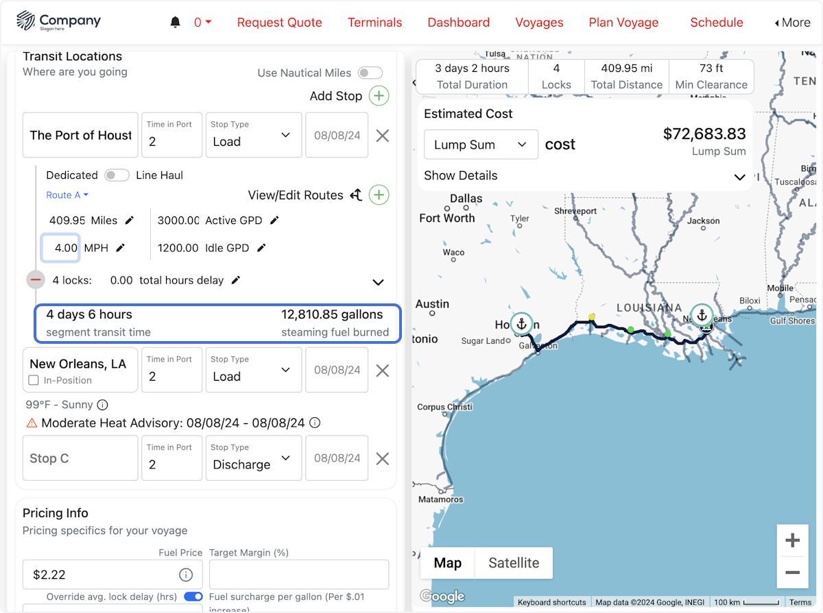 View fuel burn and transit time