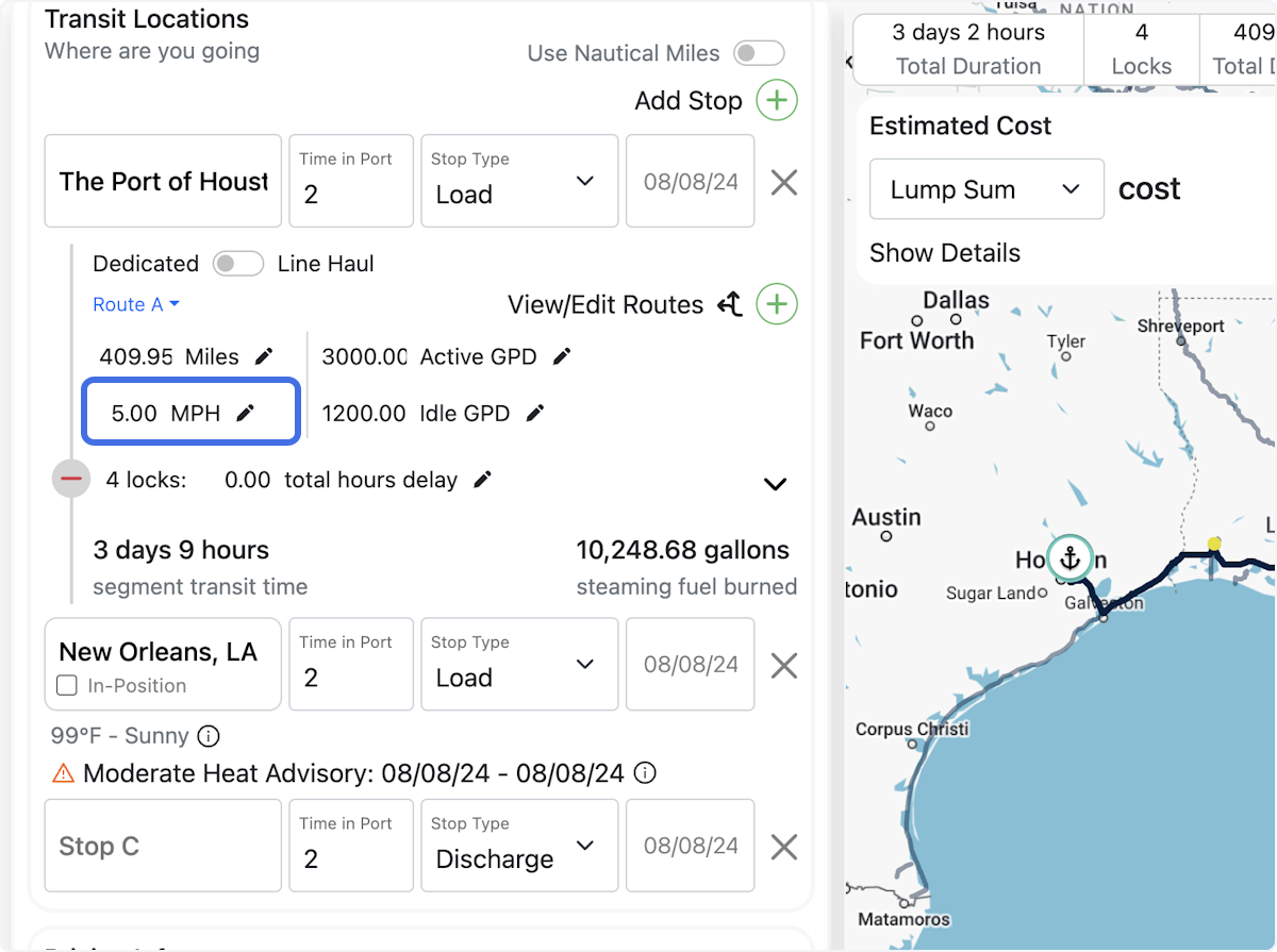 Edit miles, MPH, Idle GPD, and Active GPD for each stop.