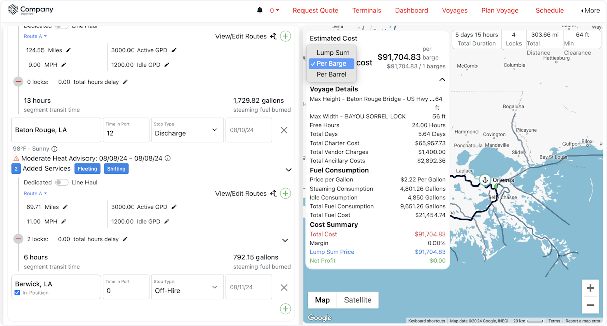 View Cost on a Per Barge, Per Barrel or Lump Sum Basis.