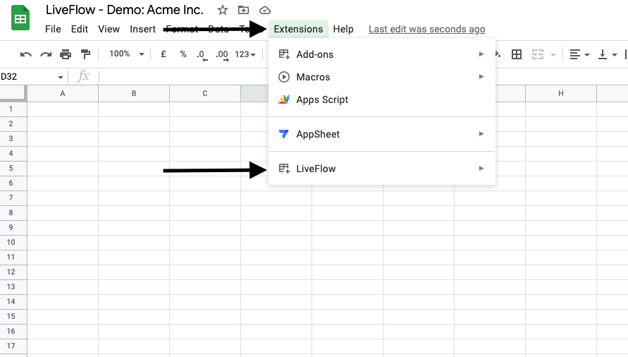 Open Extensions -> LiveFlow