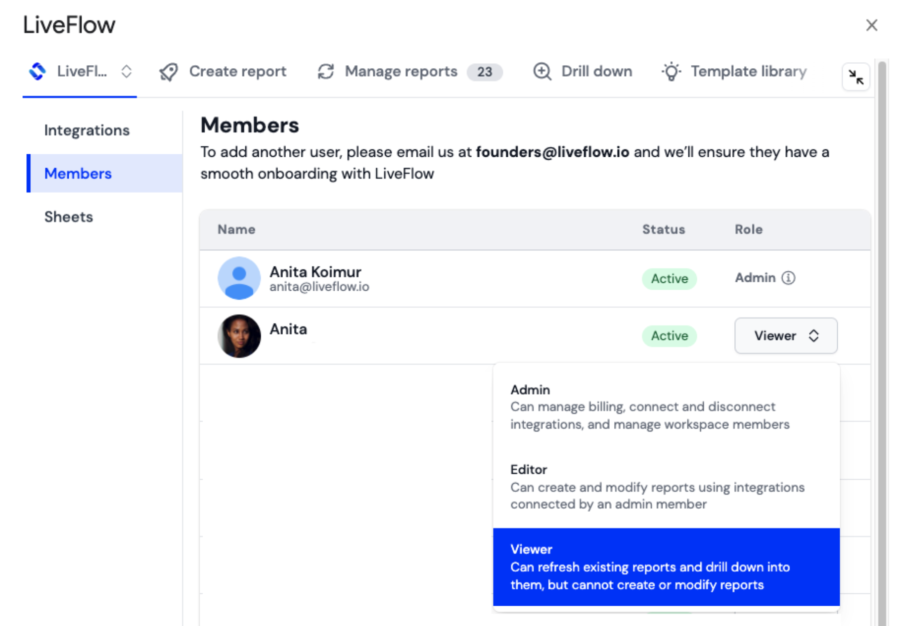 Image of a software workspace UI showing a Members management panel with a list of users, their statuses, and roles.