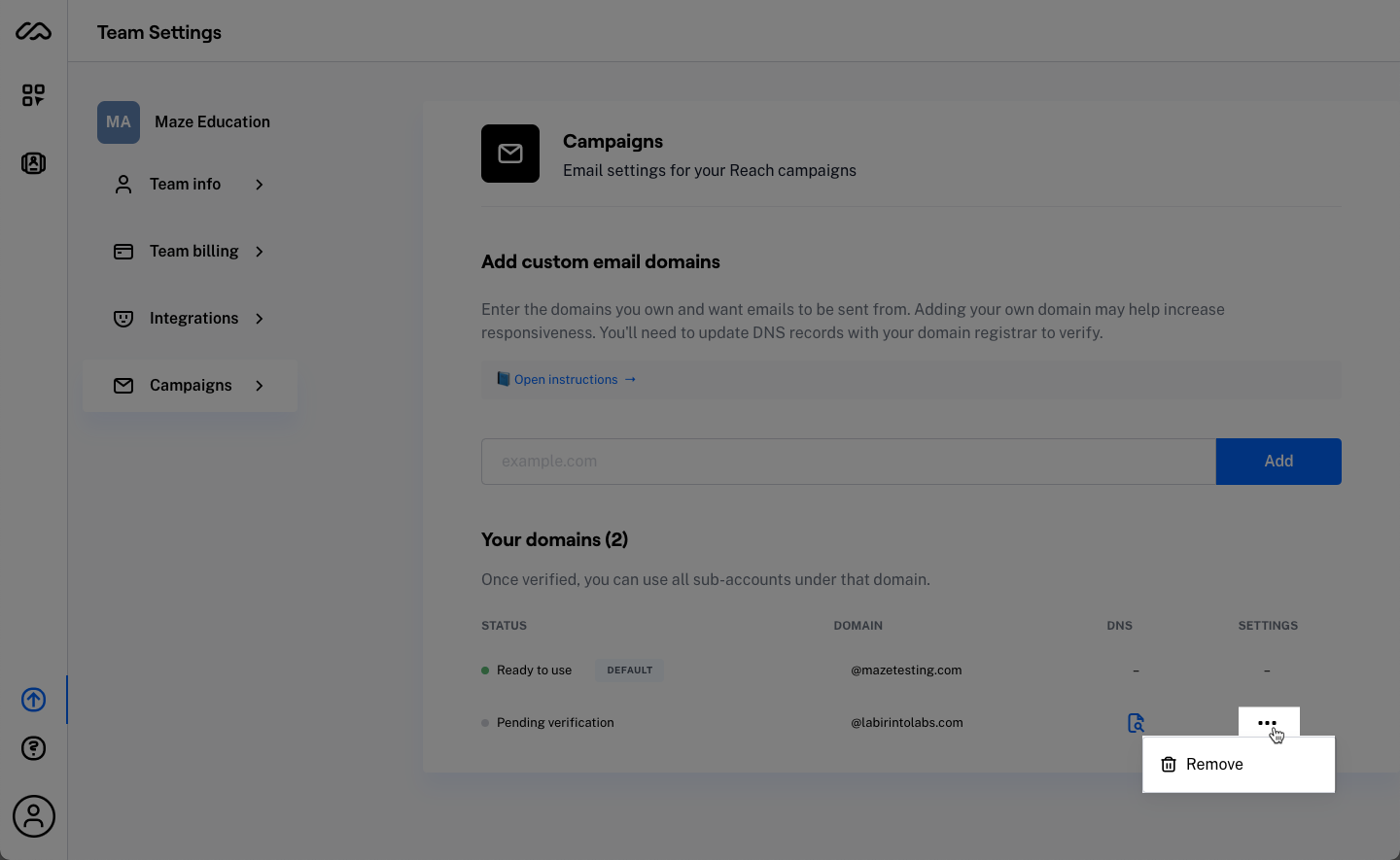 maze-reach-campaigns-remove-custom-email-domain.png
